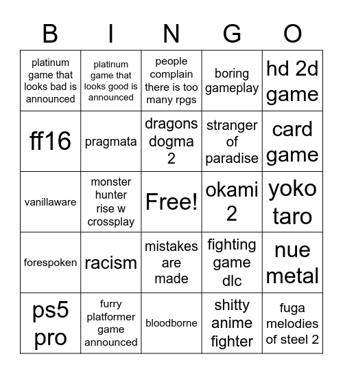 State of Play Bingo Card