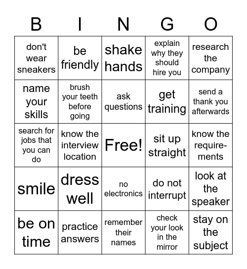 Job Interview Bingo Card