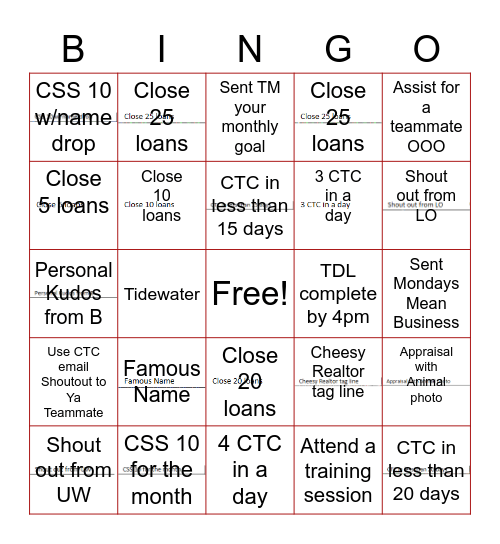 PRO VA LOANS BINGO Card