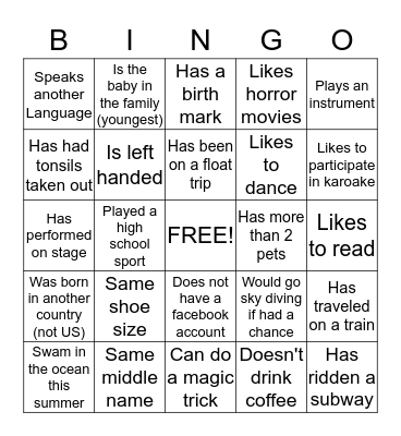 Getting to Know You Bingo Card