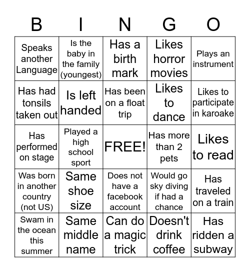 Getting to Know You Bingo Card