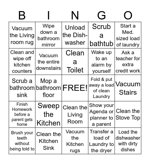 School & Chore Bingo Card