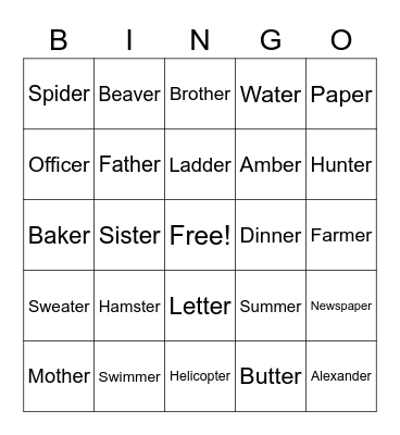 Final /er/ Bingo Card