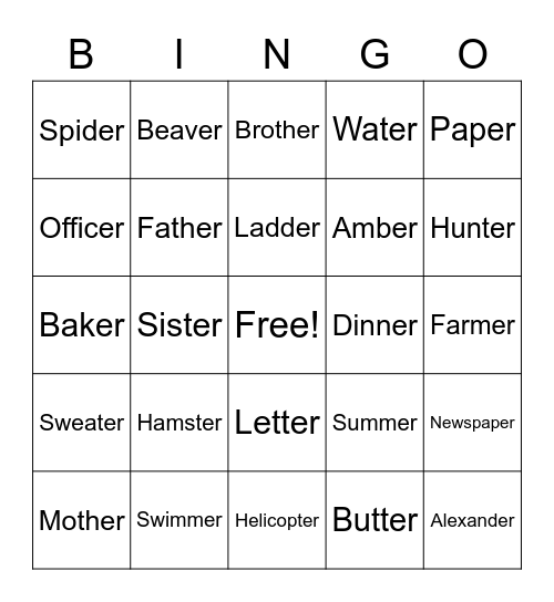 Final /er/ Bingo Card
