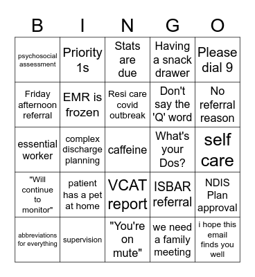 Social Work Bingo Card
