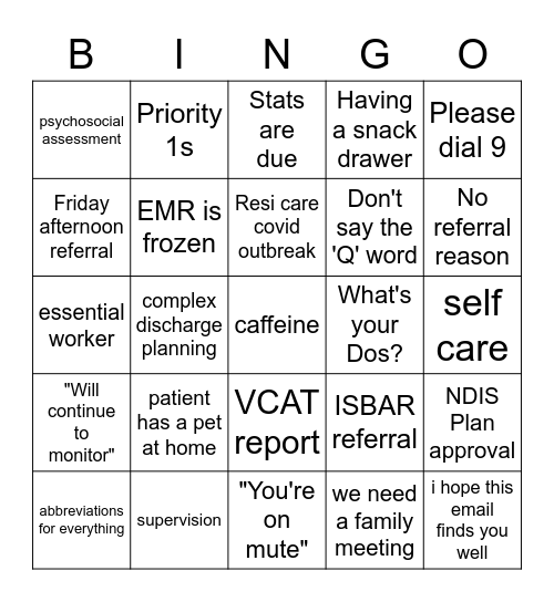 Social Work Bingo Card