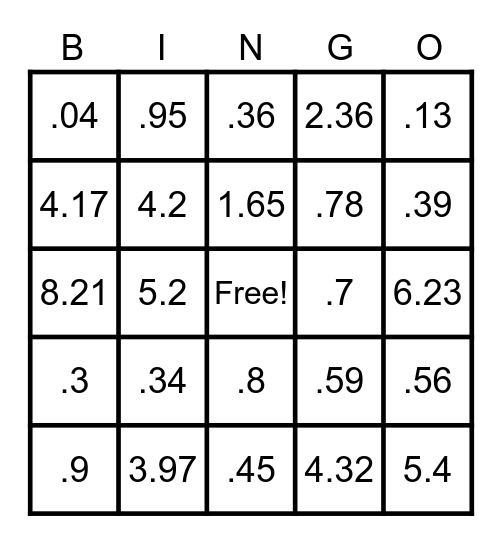 Decimal Bingo! Bingo Card