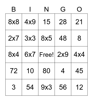 Multiplication Bingo Card