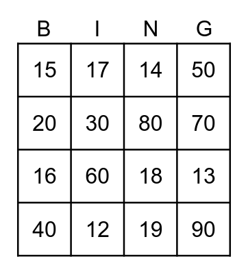 Number Bingo! Bingo Card