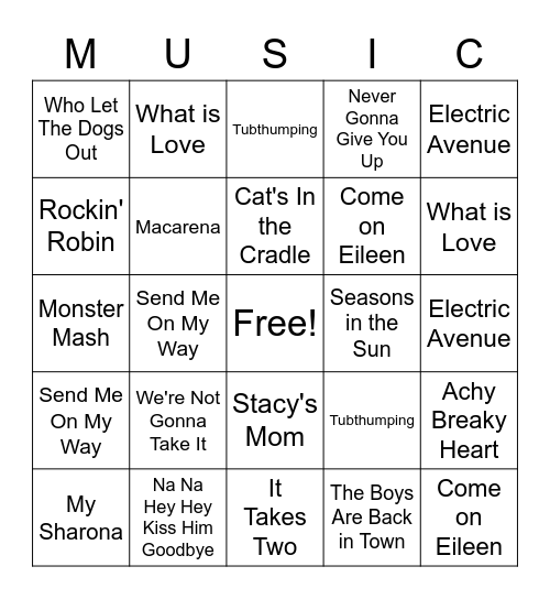 One Hit Wonders Bingo Card