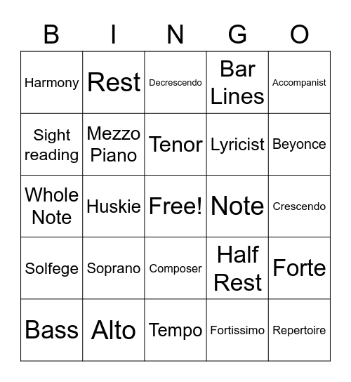 Choir Bingo Card