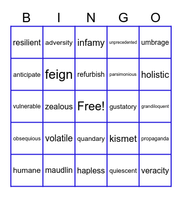 Vocabulary 7-9 Bingo Card