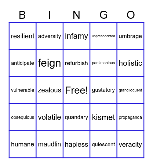 Vocabulary 7-9 Bingo Card