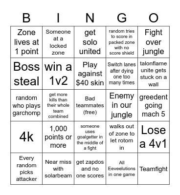 Pokemon Unite Bingo Card