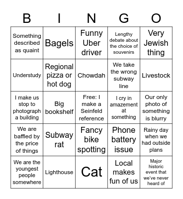 Trip Bingo Card