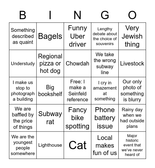 Trip Bingo Card
