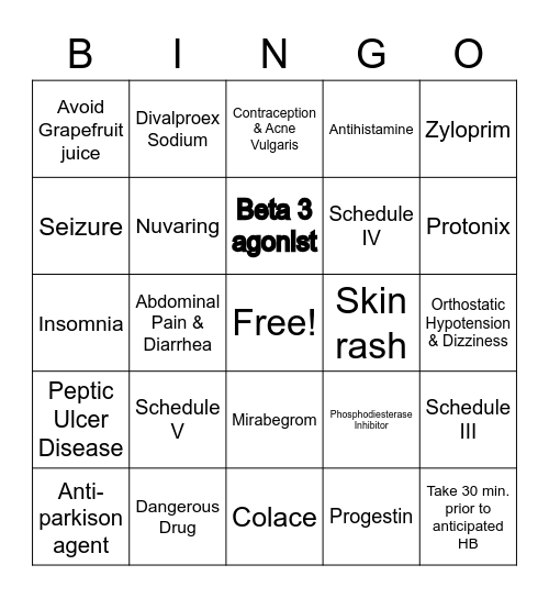 Drug Bingo Game 1 Bingo Card