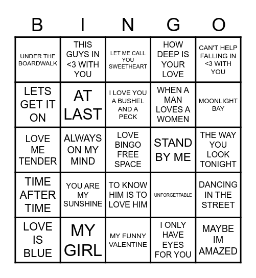 Love Song Music BINGO 2 Bingo Card