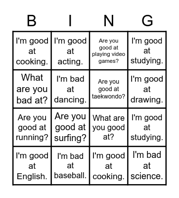 I am good/bad at.. Bingo Card