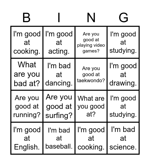 I am good/bad at.. Bingo Card