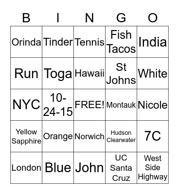 Nick and Paige Bingo Card