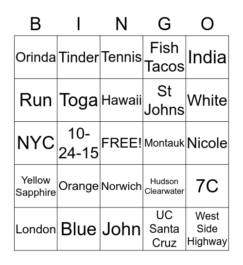 Nick and Paige Bingo Card