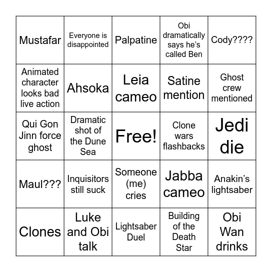 Kenobi Bingo Card