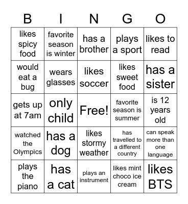 Student Bingo Card