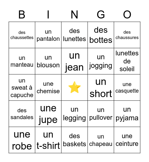 Les vêtements Bingo Card