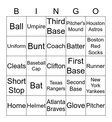 Clifton's Baseball Bing Bingo Card