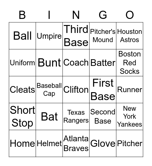 Clifton's Baseball Bing Bingo Card