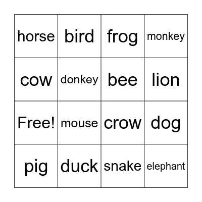 Animals Bingo Card