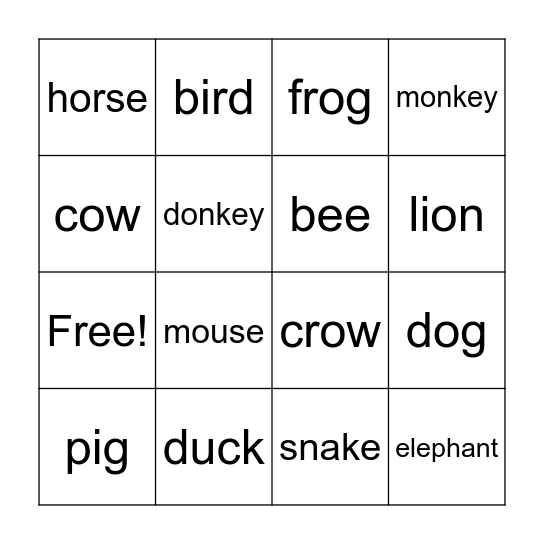 Animals Bingo Card