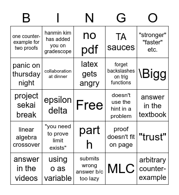 Math pset bingo Card