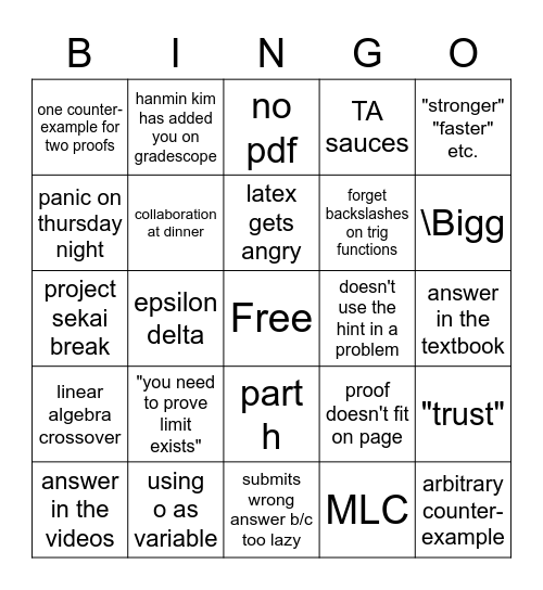 Math pset bingo Card