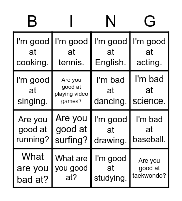 Good or Bad Bingo Card
