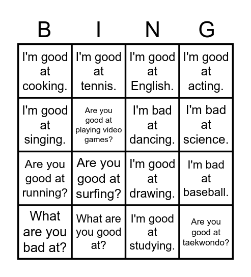 Good or Bad Bingo Card