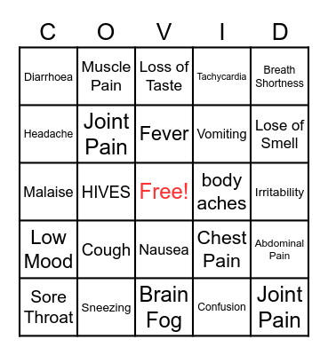 COVID Symptoms Bingo Card