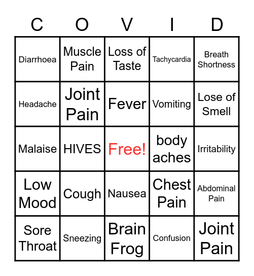 COVID Symptoms Bingo Card