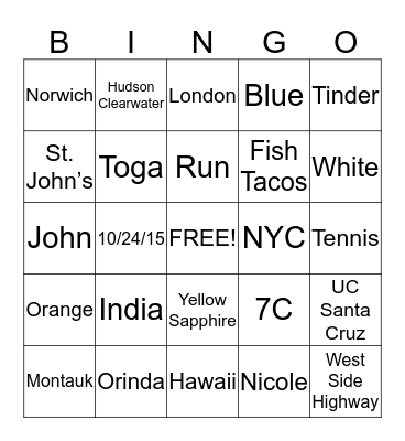 Nick and PaigeIndia Bingo Card