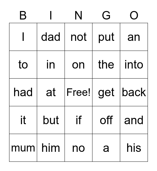 Phase 2 words Bingo Card