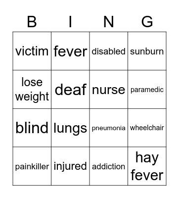 Health, unit 8 Bingo Card