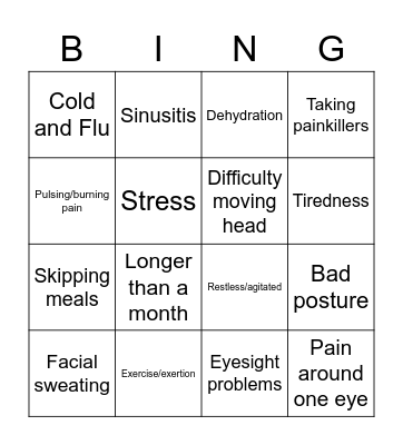 Headache causes and symptoms Bingo Card