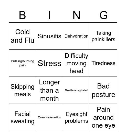 Headache causes and symptoms Bingo Card