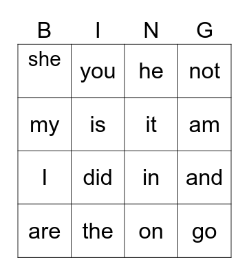 Sight words Bingo Card