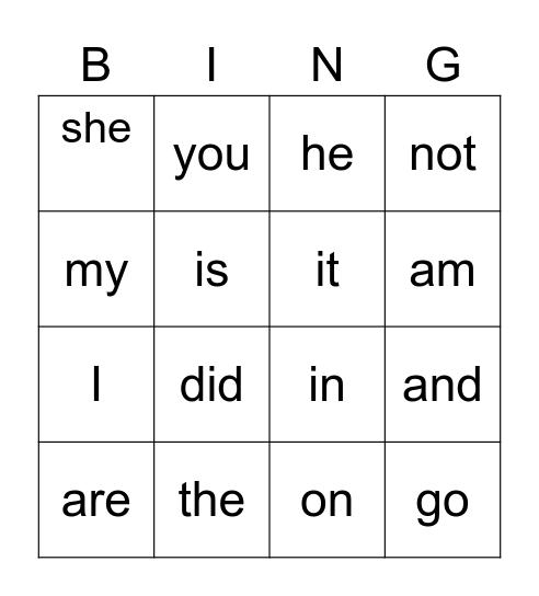 Sight words Bingo Card