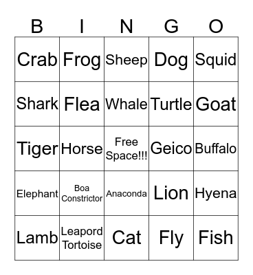 Random Animals Bingo Card