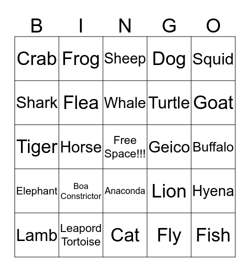 Random Animals Bingo Card