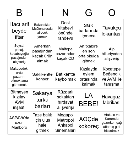 Ne kadar angaralısın Bingo Card