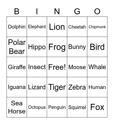 Animal Bingo Card